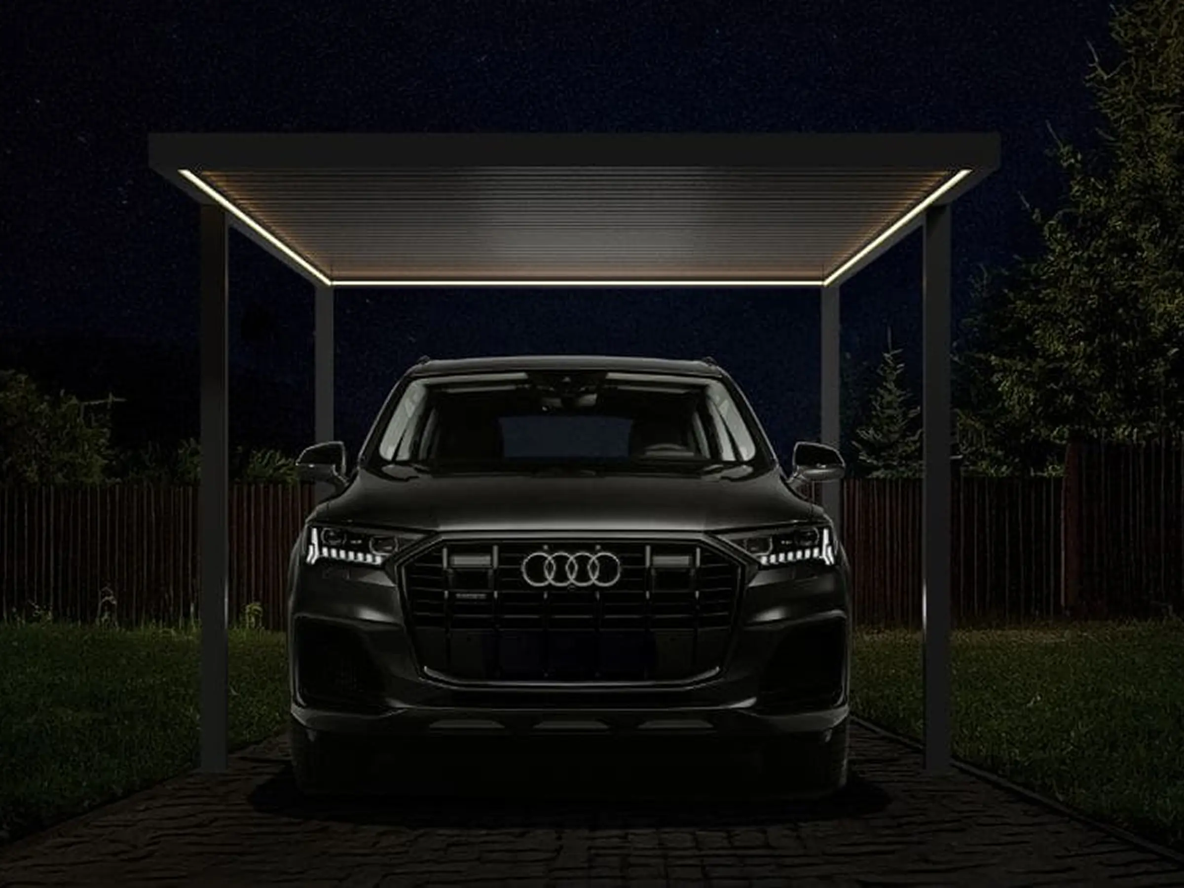 LED apšvietimas automobilio stoginėje naktį